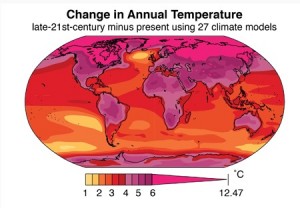 Elevação na temperatura até o fim do século projetada por 27 modelos climáticos. Foto: Stanford
