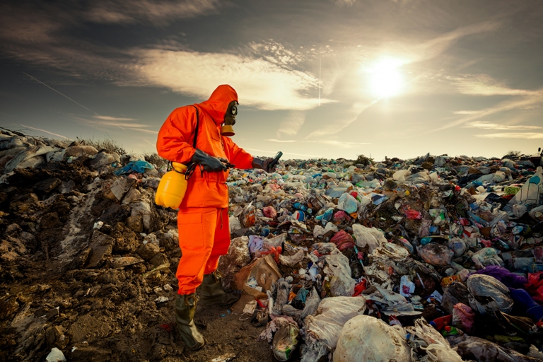Engenheiro ambiental mede a poluição em aterro sanitário municipal. Foto: Shutterstock