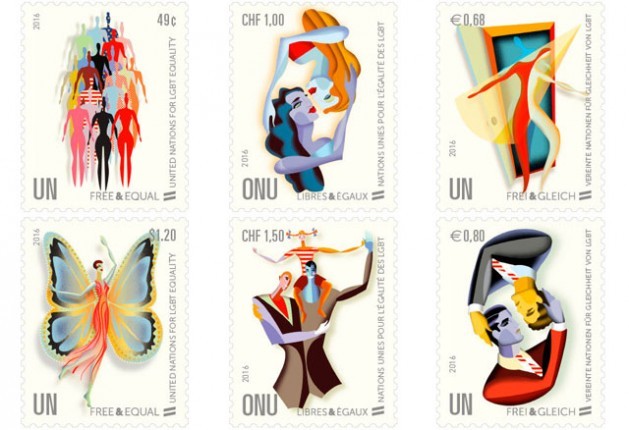 Selos da campanha Livres e Iguais, da ONU em 2015, em defesa dos direitos das pessoas LGBT. Foto: Administração Postal da ONU