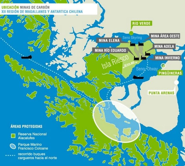 Mapa da localização das minas de carvão na ilha de Riesco, na região de Magalhães, no extremo sul do Chile. Foto: Alerta isla Riesco