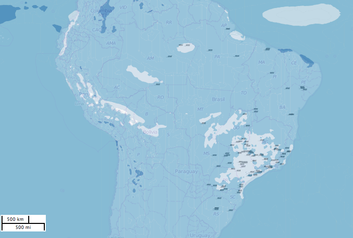 Localização das hidrelétricas brasileiras (traços pretos) sobreposta a mapa de variação da precipitação no verão em 2040 em relação a 1961, segundo modelo japonês Miroc-5 regionalizado, cenário intermediário de emissões